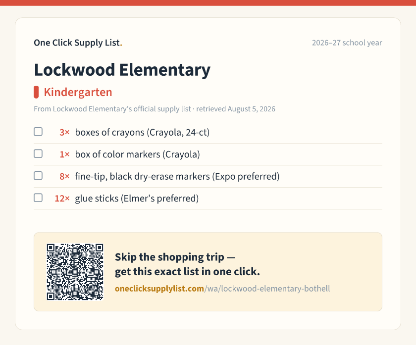 Lockwood Elementary Kindergarten supply list — printable image