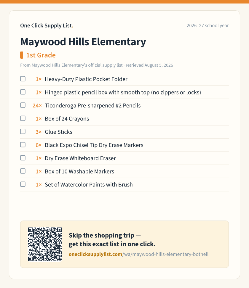 Maywood Hills Elementary 1st Grade supply list — printable image