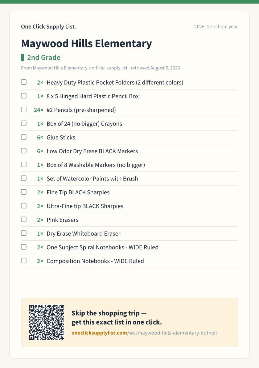 Maywood Hills Elementary 2nd Grade supply list — printable image