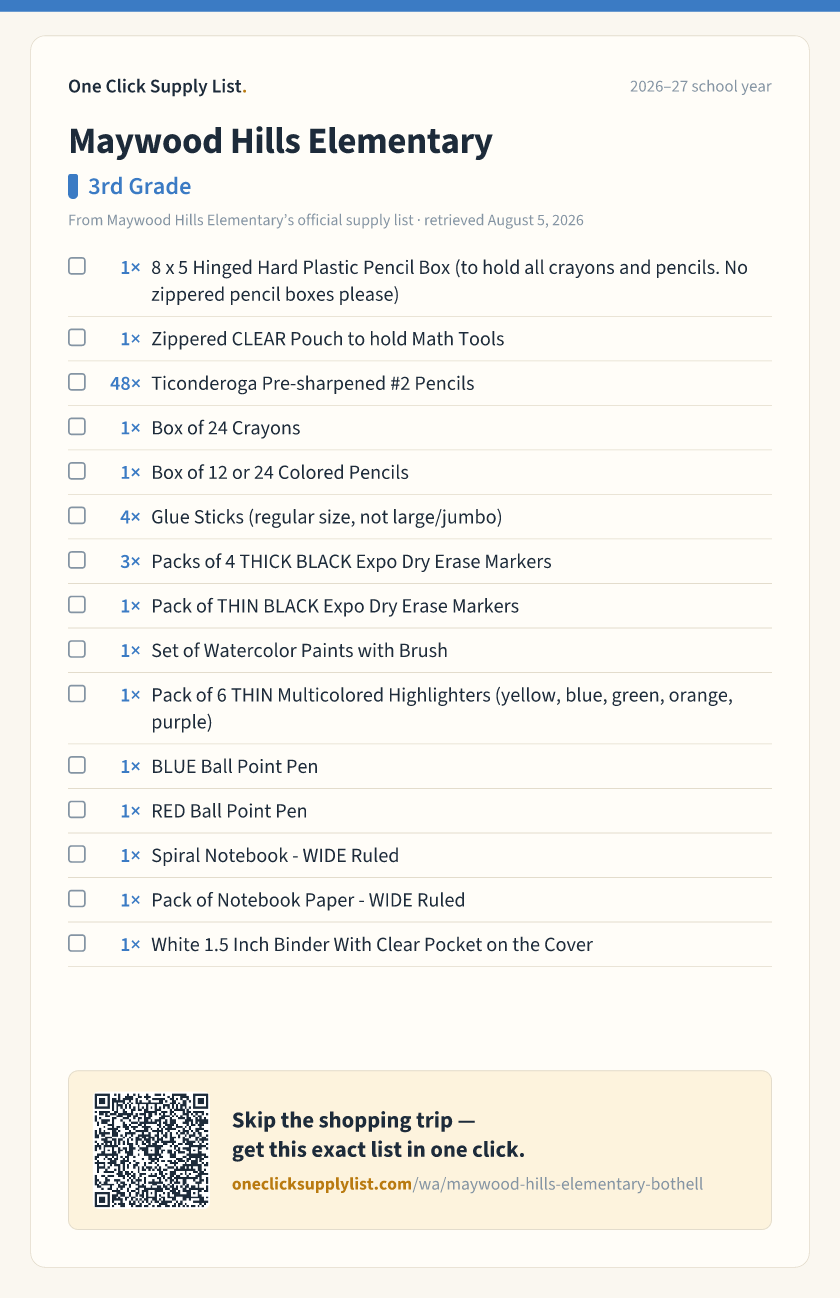 Maywood Hills Elementary 3rd Grade supply list — printable image