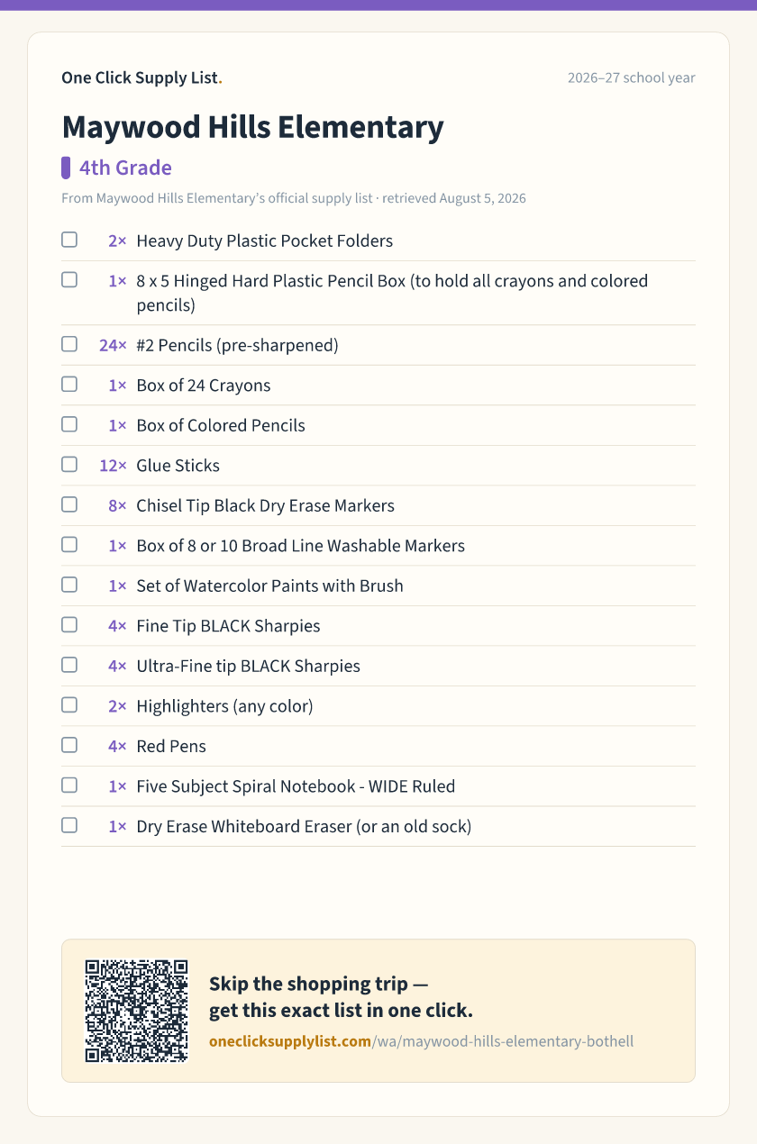 Maywood Hills Elementary 4th Grade supply list — printable image