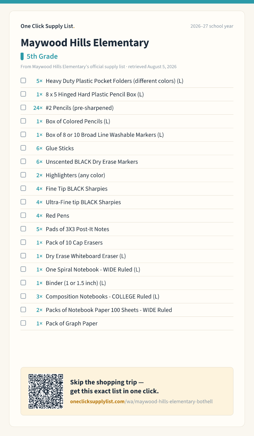 Maywood Hills Elementary 5th Grade supply list — printable image