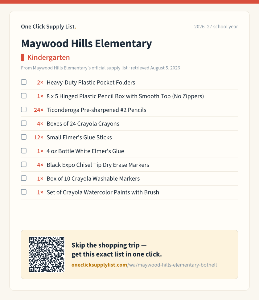Maywood Hills Elementary Kindergarten supply list — printable image