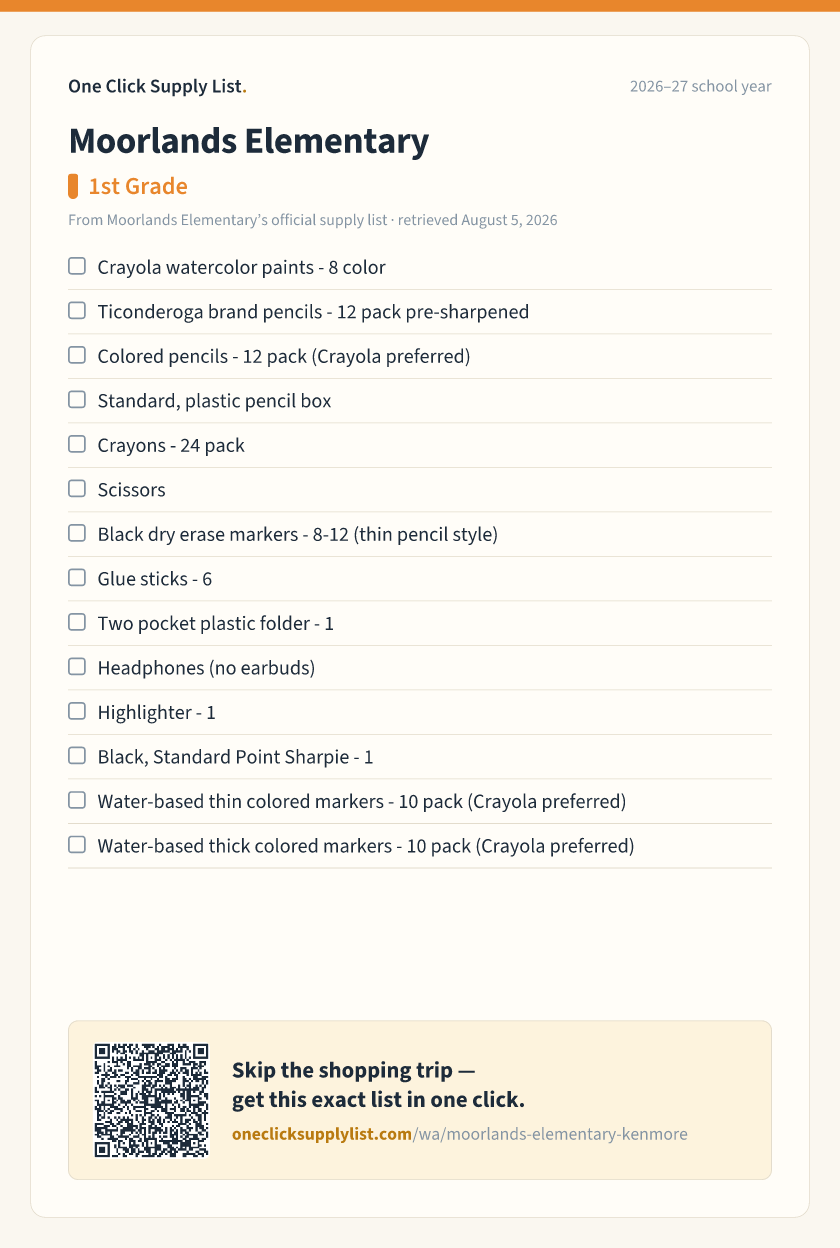 Moorlands Elementary 1st Grade supply list — printable image