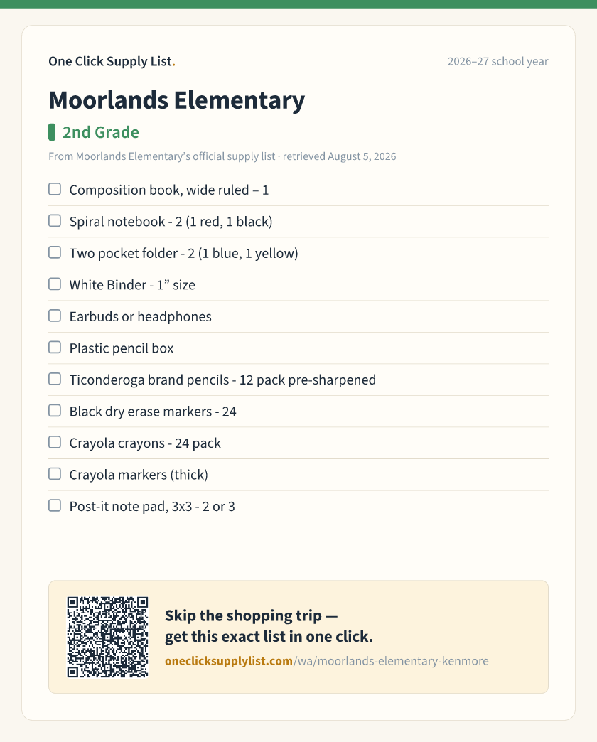 Moorlands Elementary 2nd Grade supply list — printable image