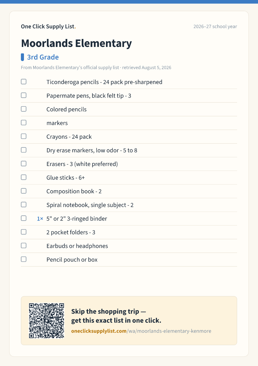 Moorlands Elementary 3rd Grade supply list — printable image