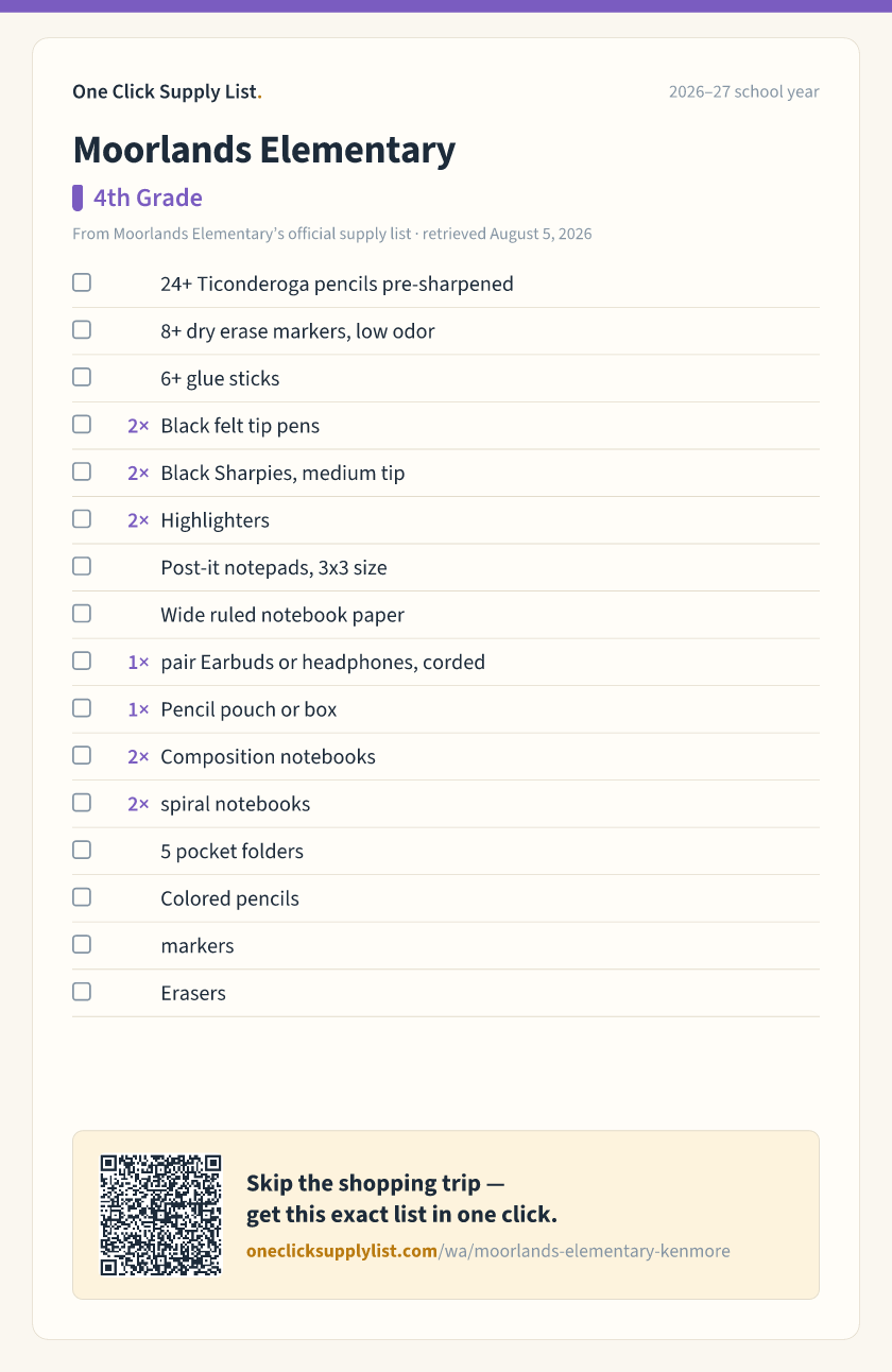 Moorlands Elementary 4th Grade supply list — printable image
