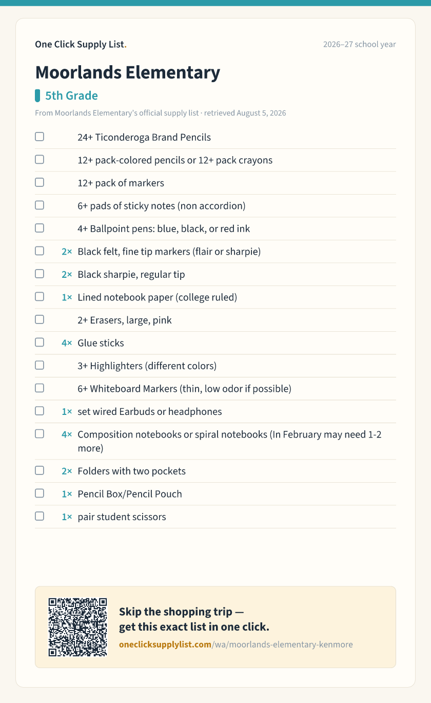 Moorlands Elementary 5th Grade supply list — printable image