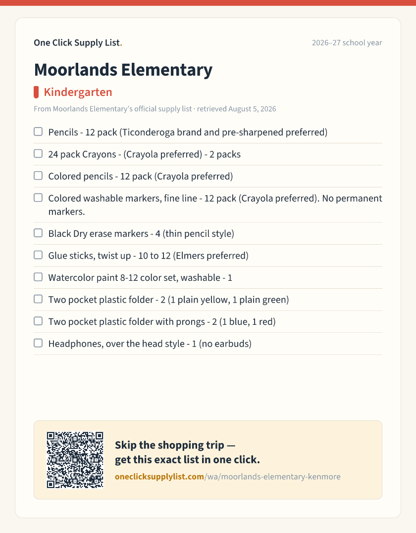 Moorlands Elementary Kindergarten supply list — printable image
