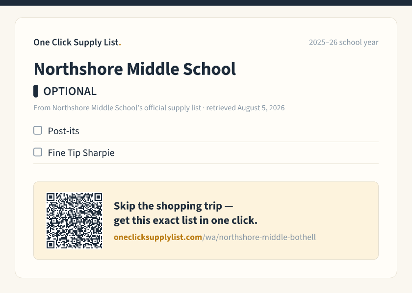 Northshore Middle School OPTIONAL supply list — printable image