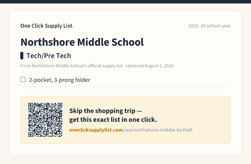 Northshore Middle School Tech/Pre Tech supply list — printable image