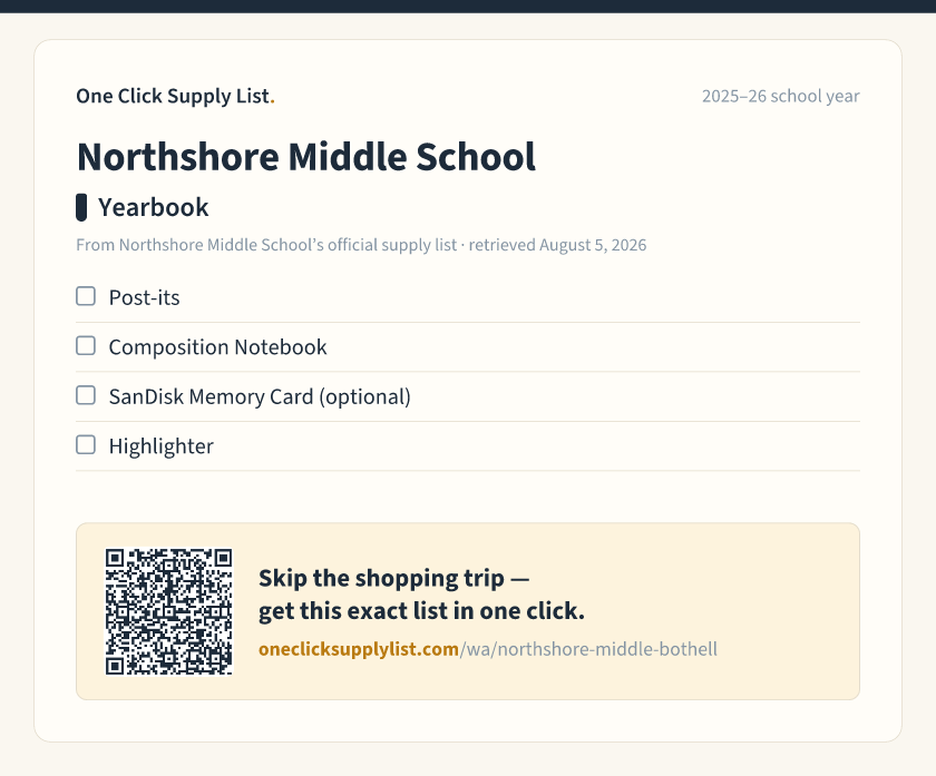 Northshore Middle School Yearbook supply list — printable image