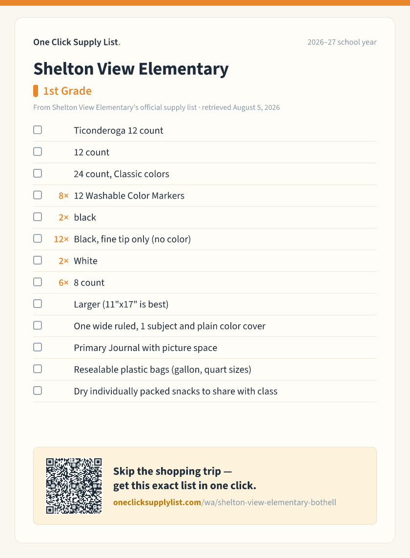 Shelton View Elementary 1st Grade supply list — printable image