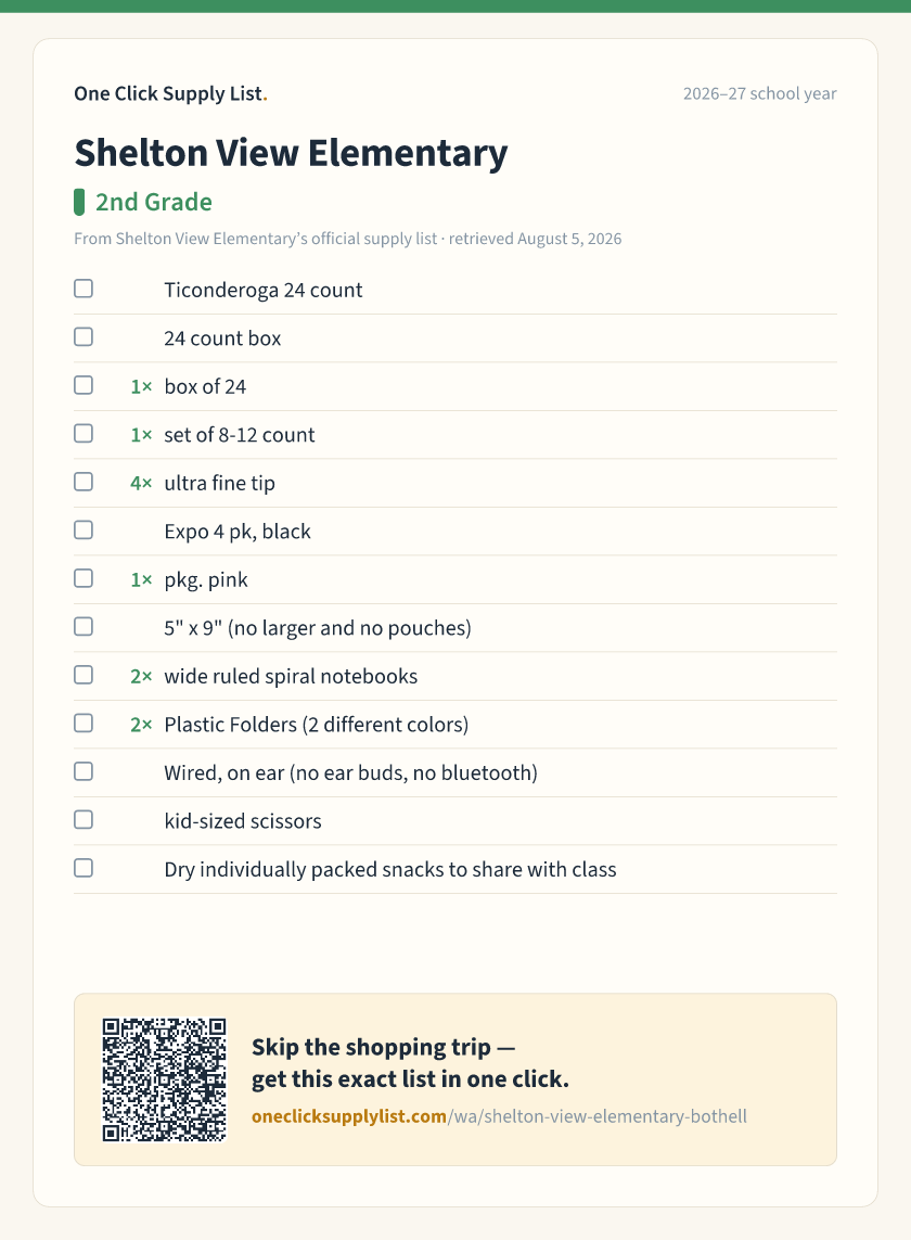 Shelton View Elementary 2nd Grade supply list — printable image