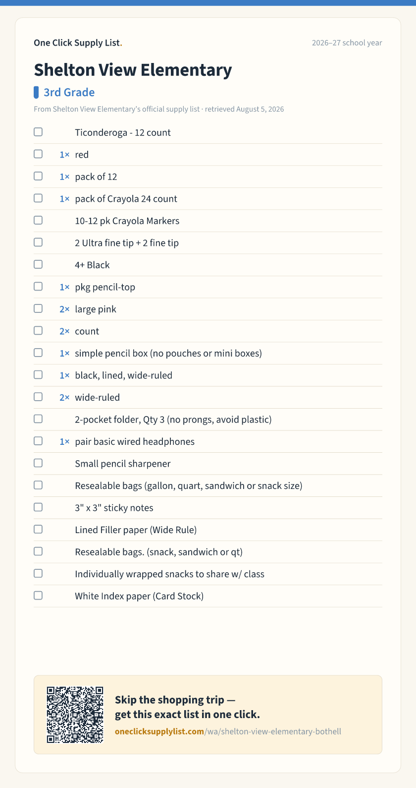 Shelton View Elementary 3rd Grade supply list — printable image