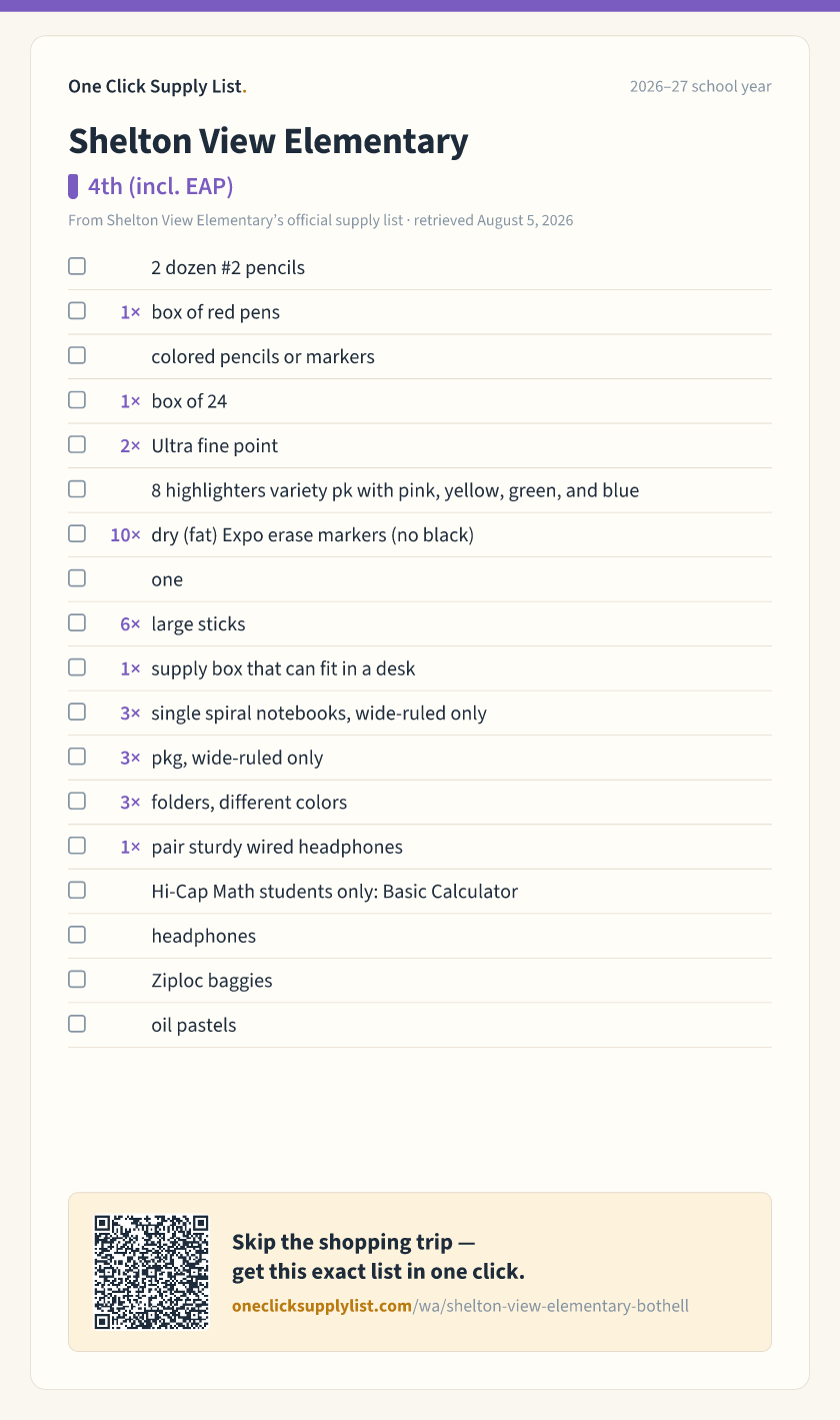 Shelton View Elementary 4th (incl. EAP) supply list — printable image