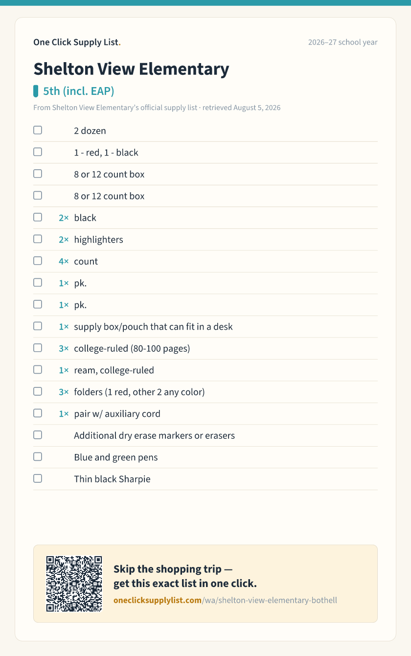 Shelton View Elementary 5th (incl. EAP) supply list — printable image
