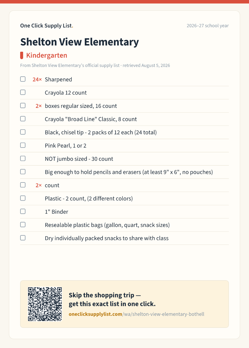 Shelton View Elementary Kindergarten supply list — printable image