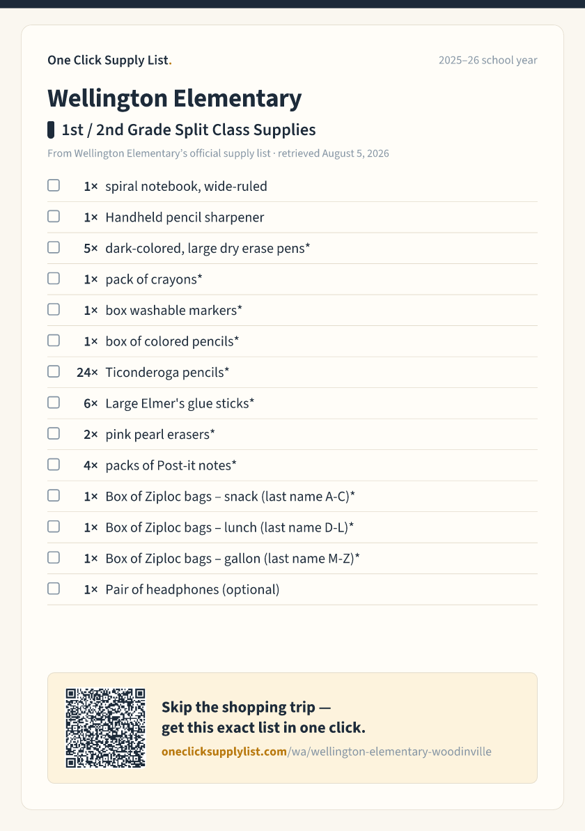 Wellington Elementary 1st / 2nd Grade Split Class Supplies supply list — printable image