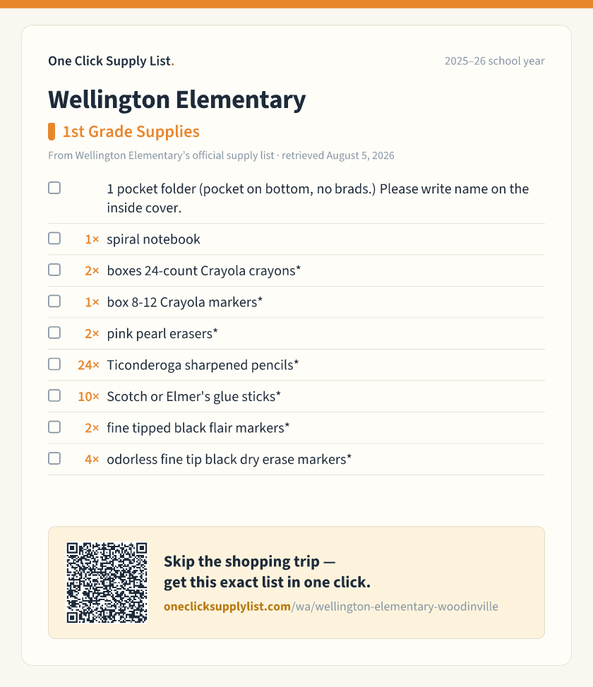 Wellington Elementary 1st Grade Supplies supply list — printable image