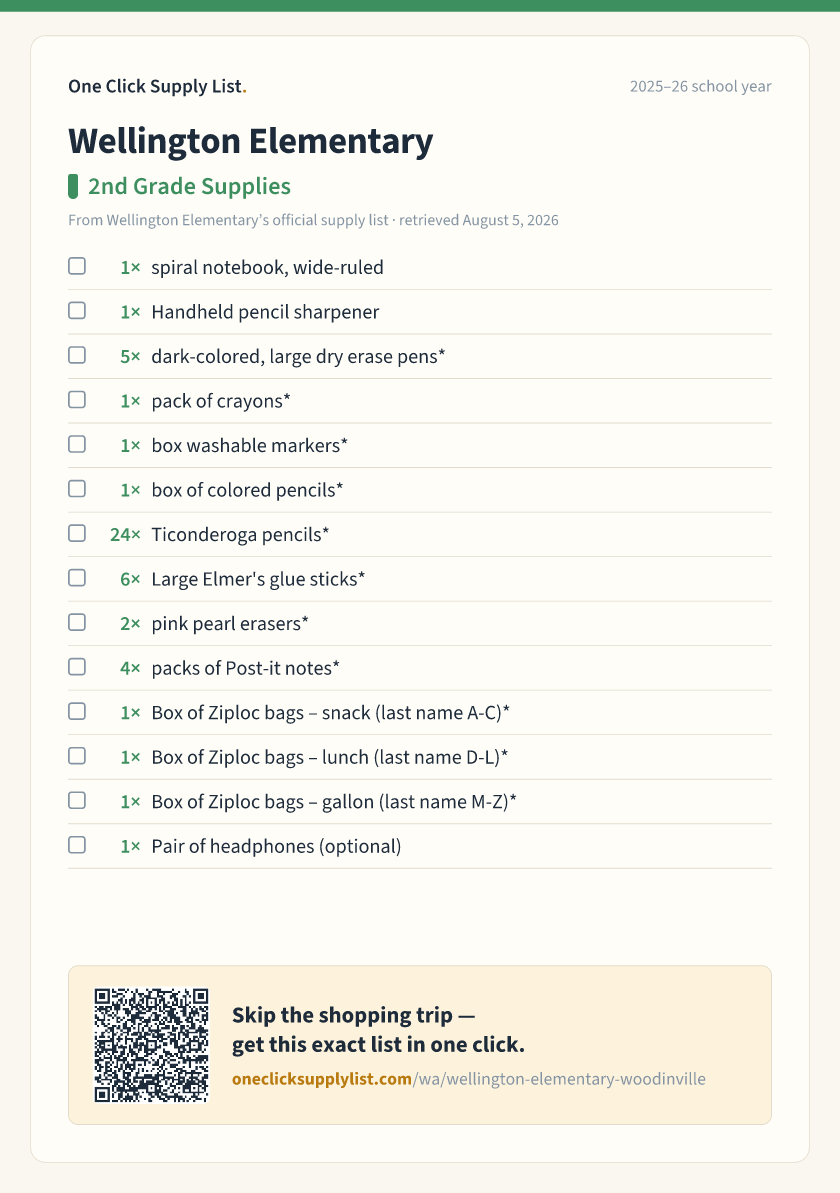 Wellington Elementary 2nd Grade Supplies supply list — printable image