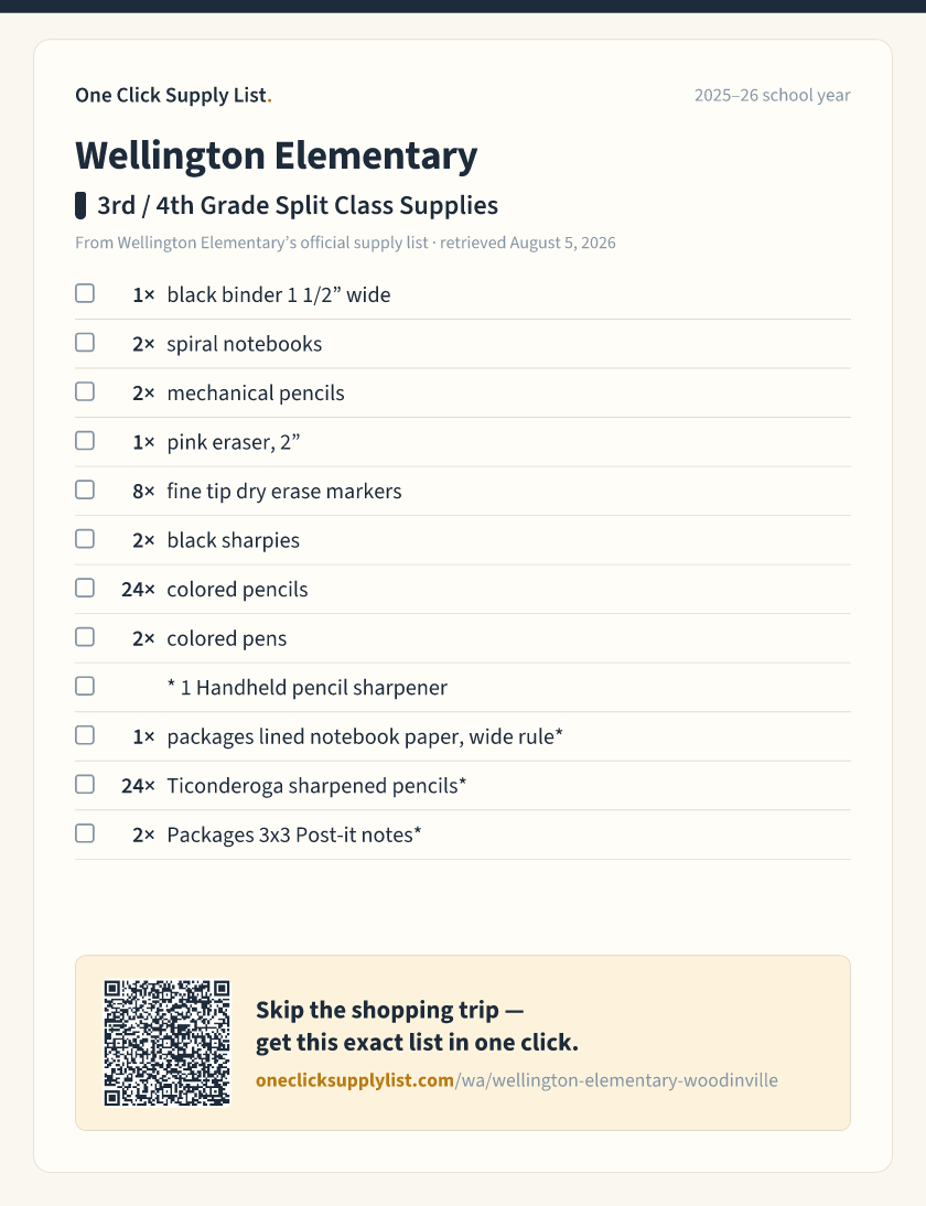 Wellington Elementary 3rd / 4th Grade Split Class Supplies supply list — printable image