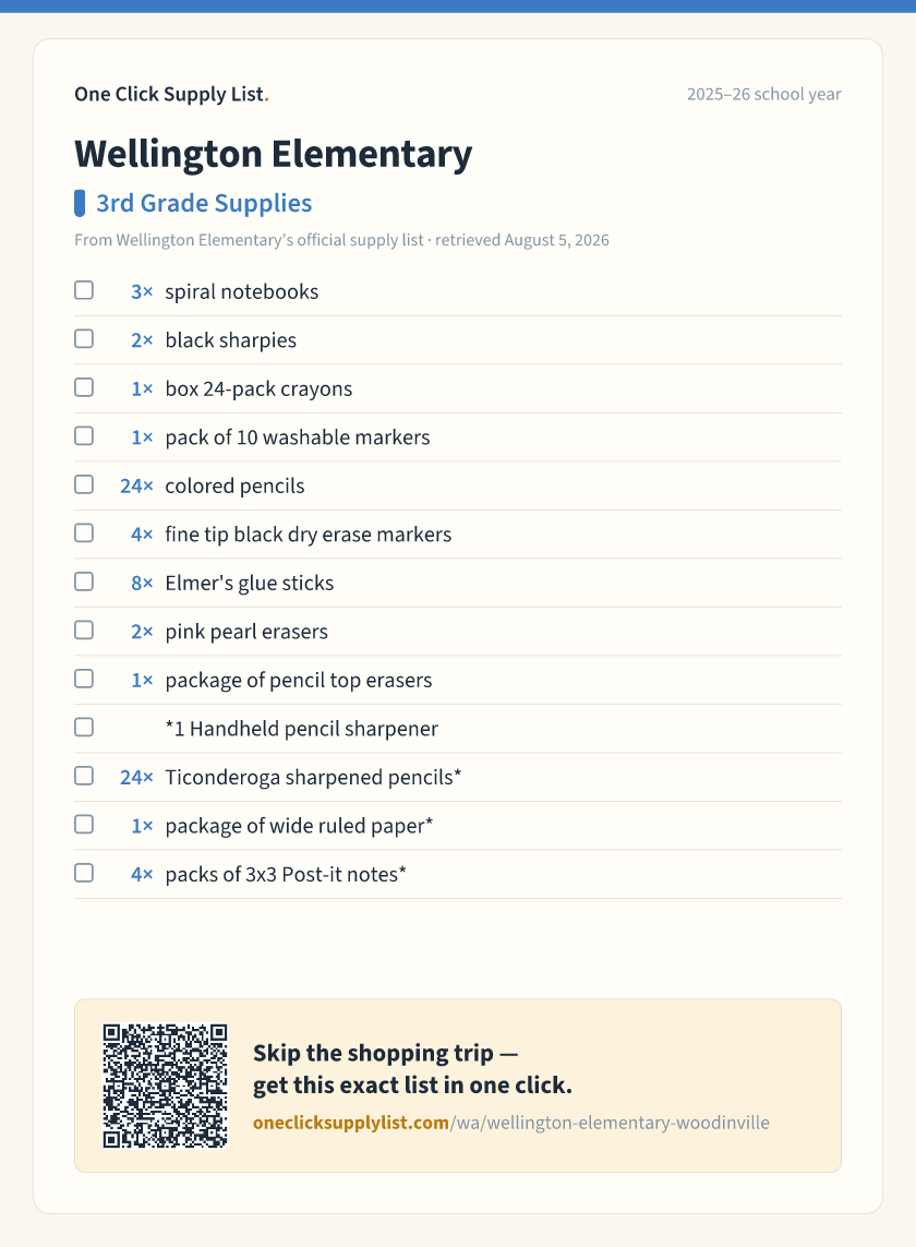 Wellington Elementary 3rd Grade Supplies supply list — printable image