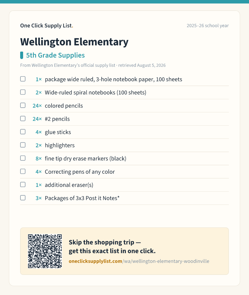 Wellington Elementary 5th Grade Supplies supply list — printable image