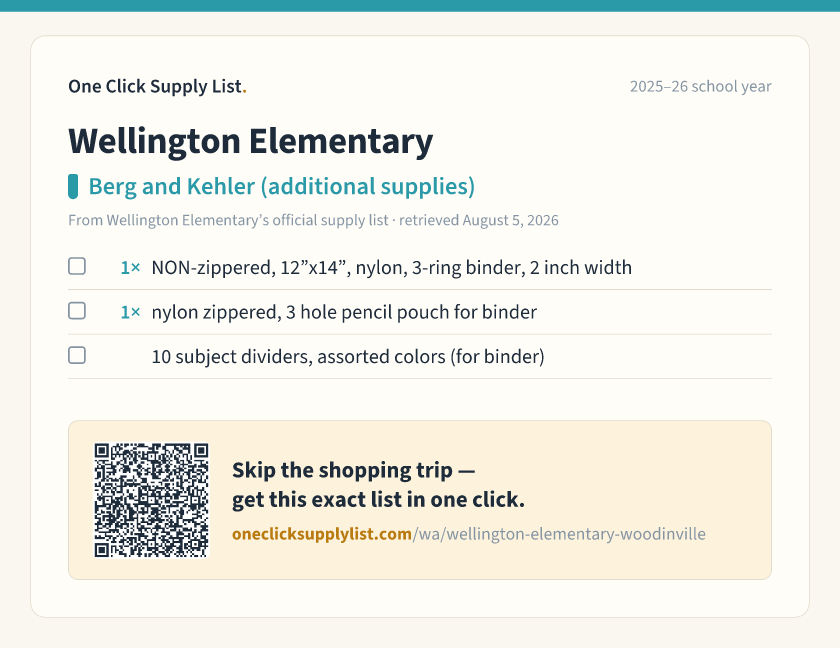 Wellington Elementary Berg and Kehler (additional supplies) supply list — printable image