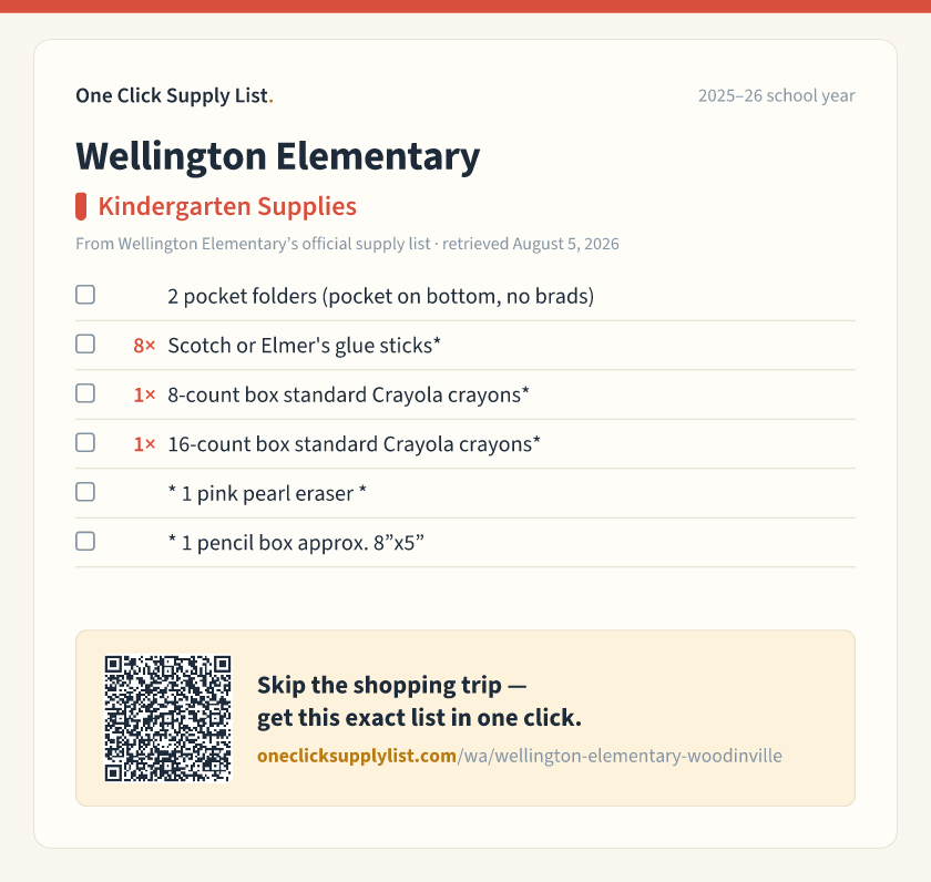 Wellington Elementary Kindergarten Supplies supply list — printable image