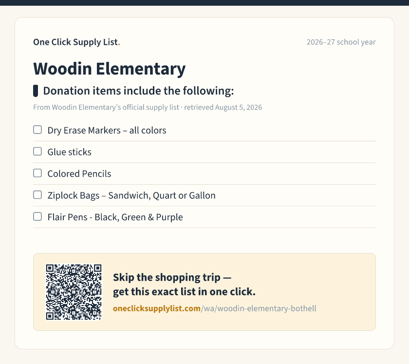 Woodin Elementary Donation items include the following: supply list — printable image