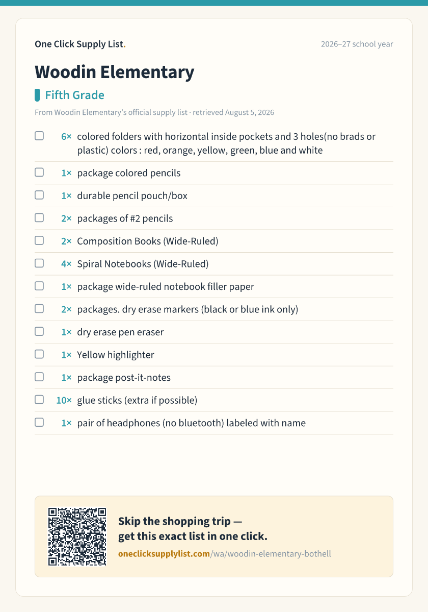 Woodin Elementary Fifth Grade supply list — printable image