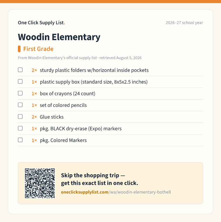 Woodin Elementary First Grade supply list — printable image