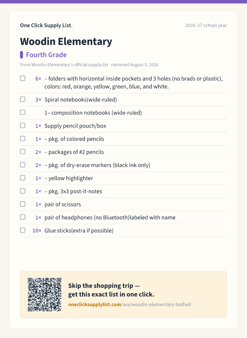Woodin Elementary Fourth Grade supply list — printable image