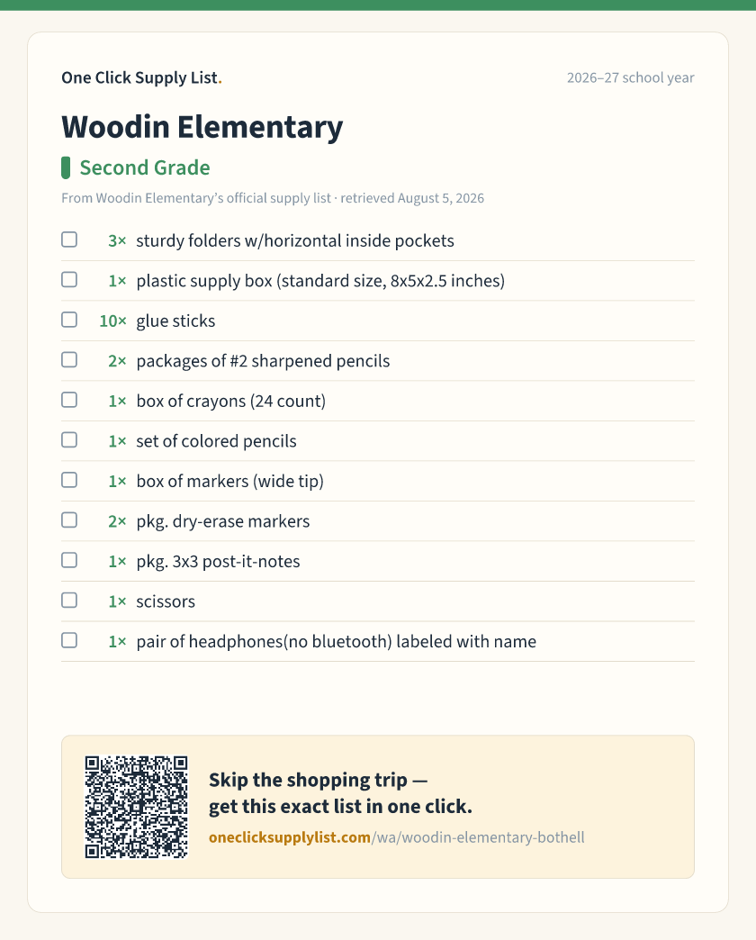 Woodin Elementary Second Grade supply list — printable image