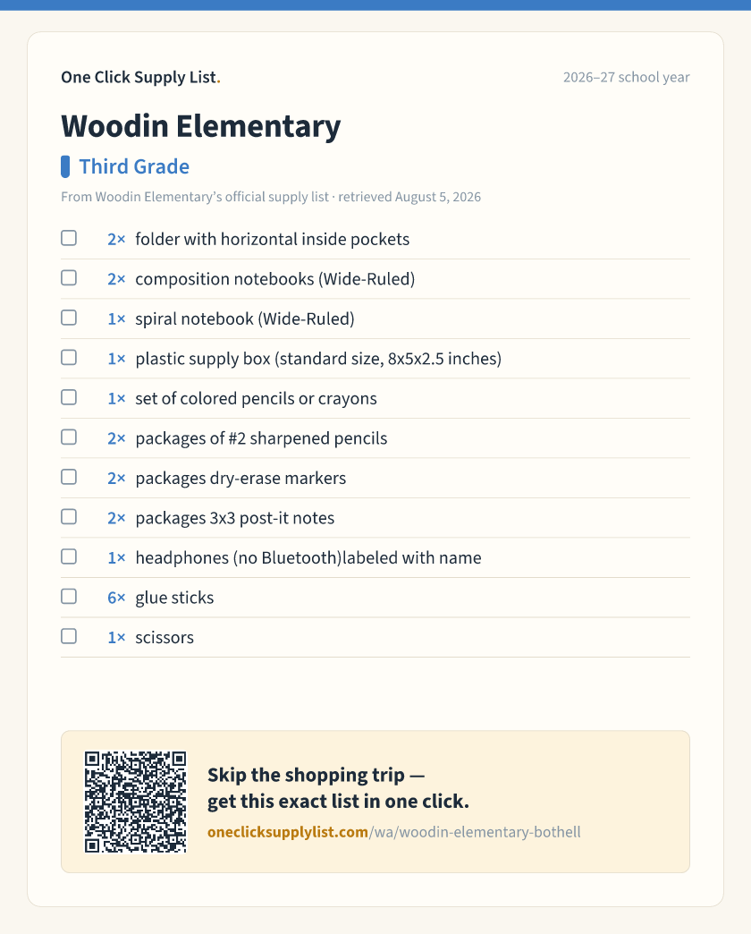 Woodin Elementary Third Grade supply list — printable image