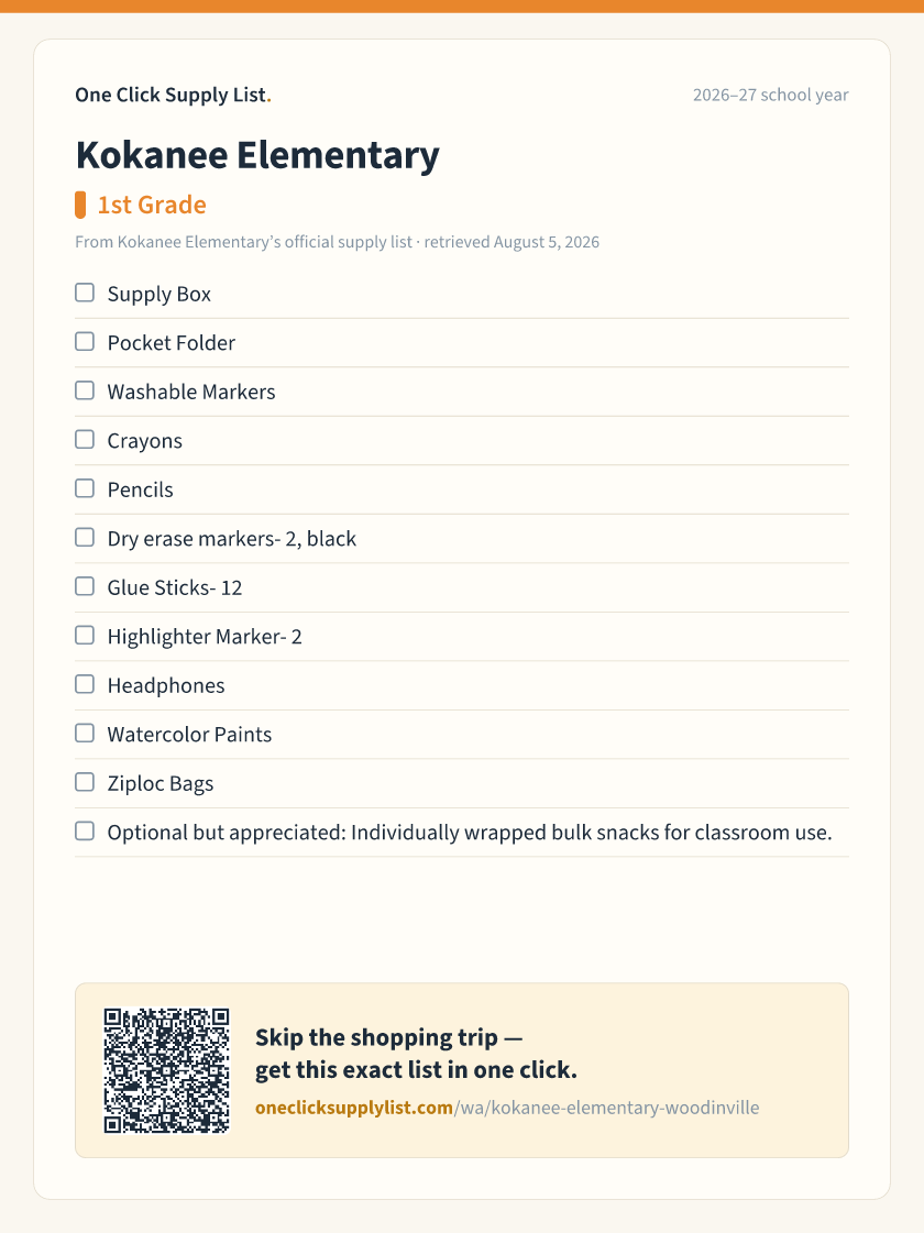 Kokanee Elementary 1st Grade supply list — printable image