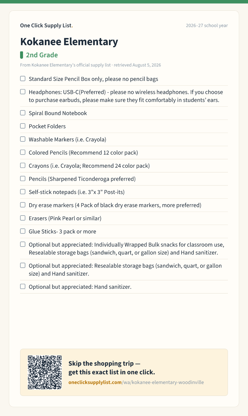 Kokanee Elementary 2nd Grade supply list — printable image