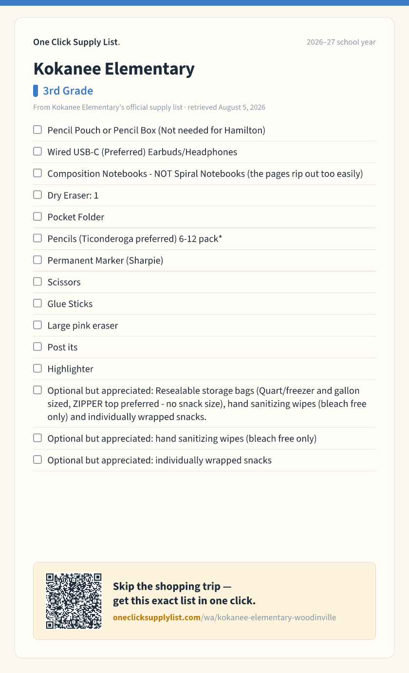 Kokanee Elementary 3rd Grade supply list — printable image