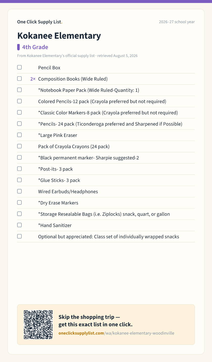 Kokanee Elementary 4th Grade supply list — printable image