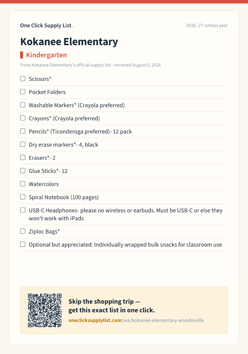 Kokanee Elementary Kindergarten supply list — printable image