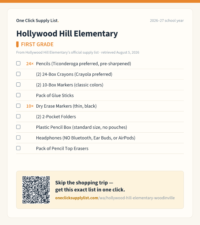 Hollywood Hill Elementary FIRST GRADE supply list — printable image