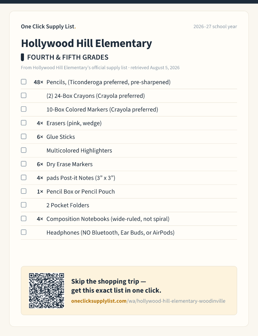 Hollywood Hill Elementary FOURTH & FIFTH GRADES supply list — printable image