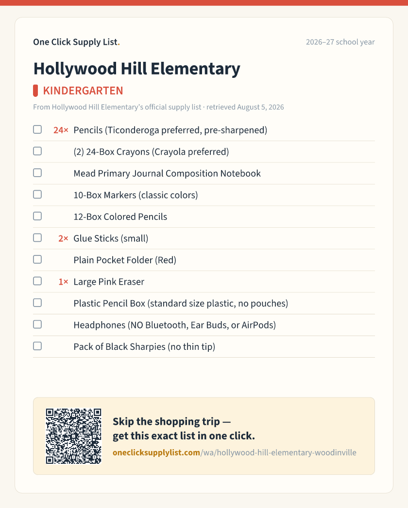 Hollywood Hill Elementary KINDERGARTEN supply list — printable image