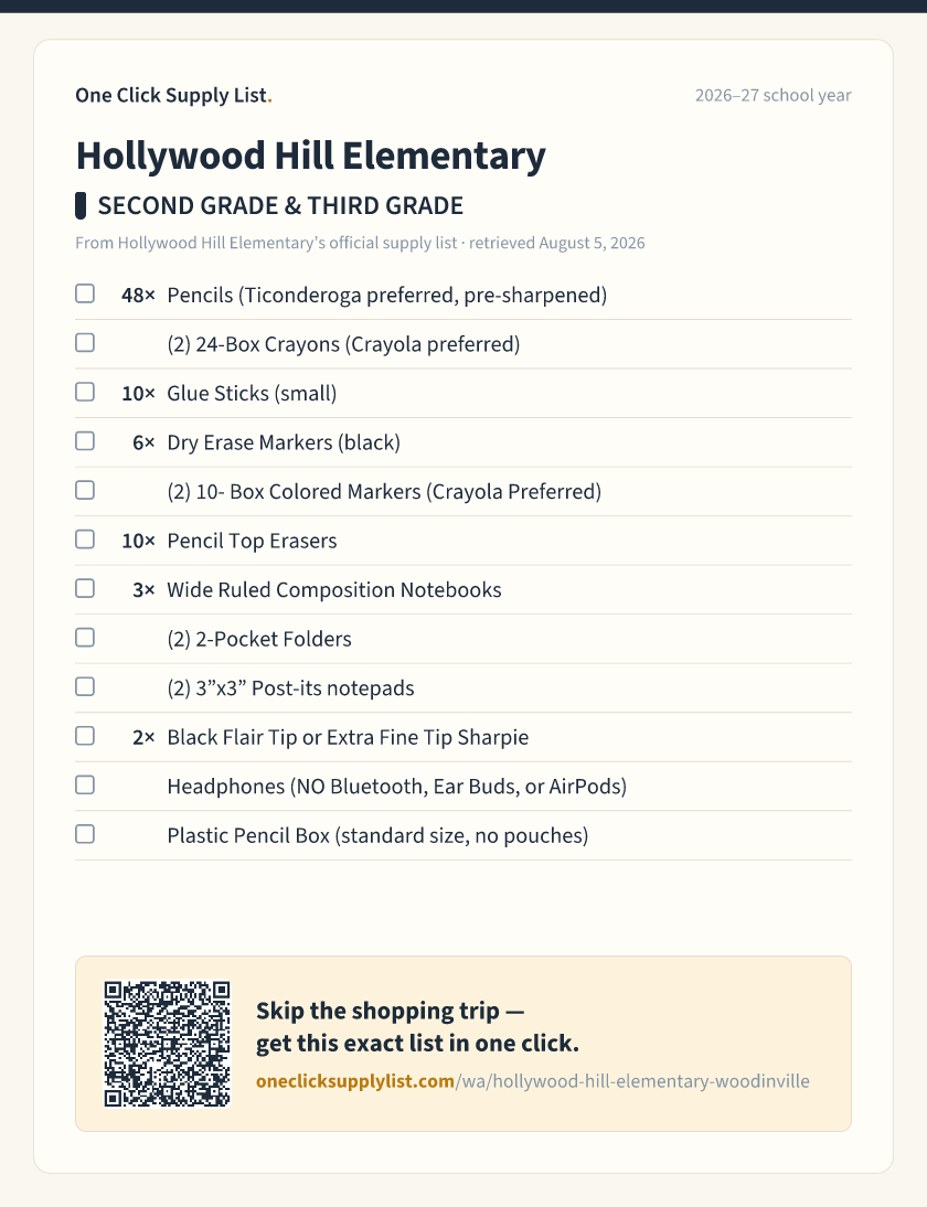 Hollywood Hill Elementary SECOND GRADE & THIRD GRADE supply list — printable image