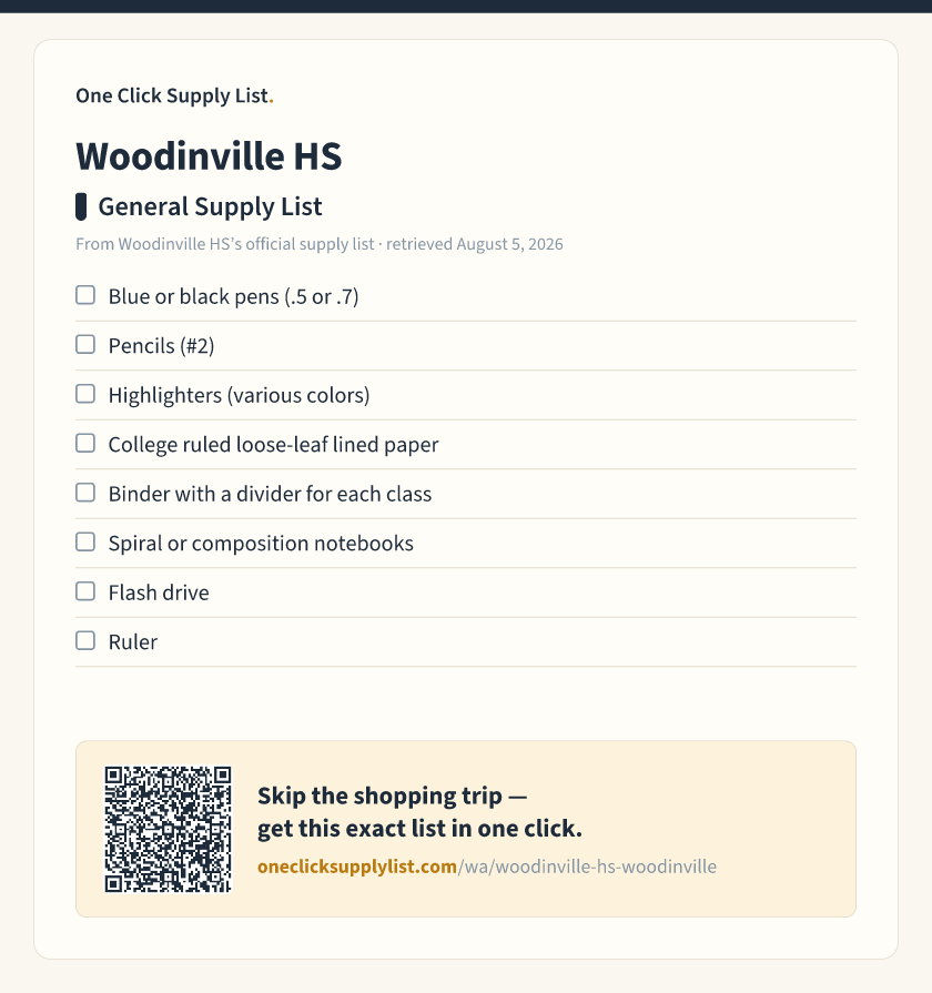 Woodinville HS General Supply List supply list — printable image