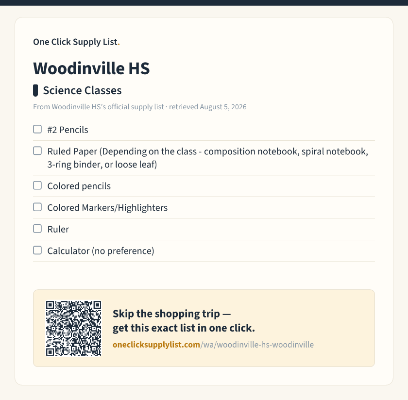 Woodinville HS Science Classes supply list — printable image