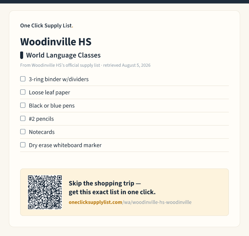Woodinville HS World Language Classes supply list — printable image