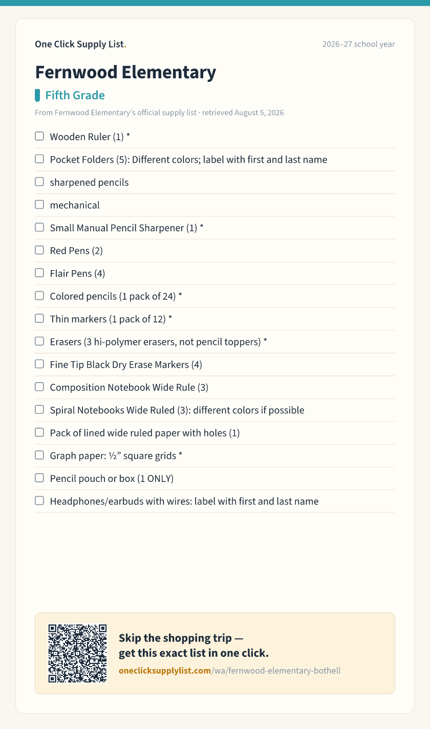Fernwood Elementary Fifth Grade supply list — printable image