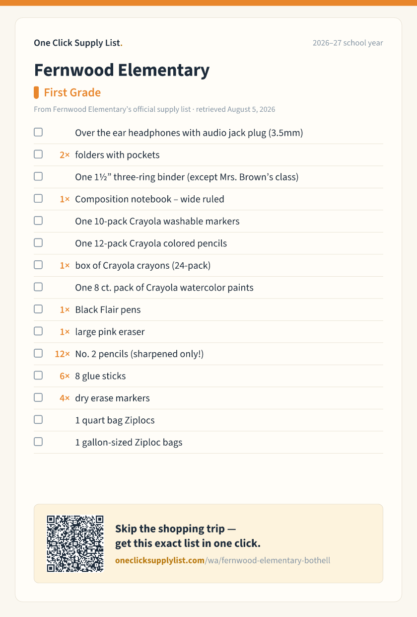 Fernwood Elementary First Grade supply list — printable image